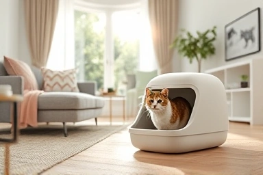 Cat using top-entry litter box, clean home, happy pet